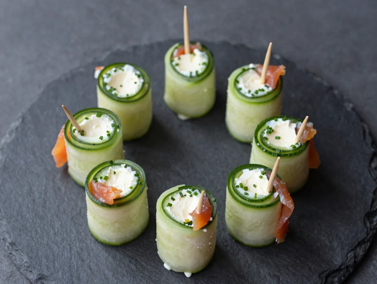 Smoked salmon and cream cheese cucumber rolls