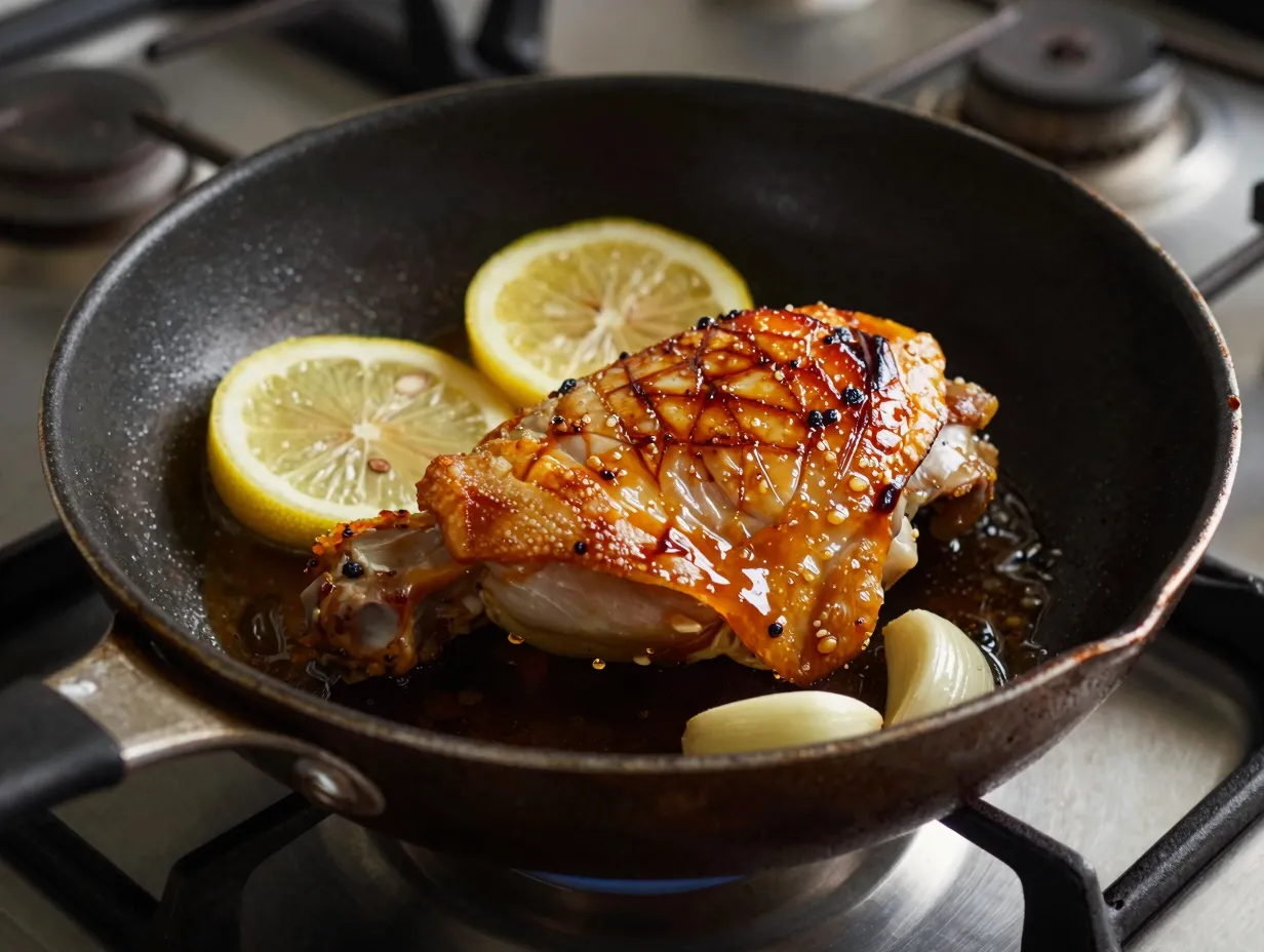 A seared lemon garlic chicken thigh in an oven skillet
