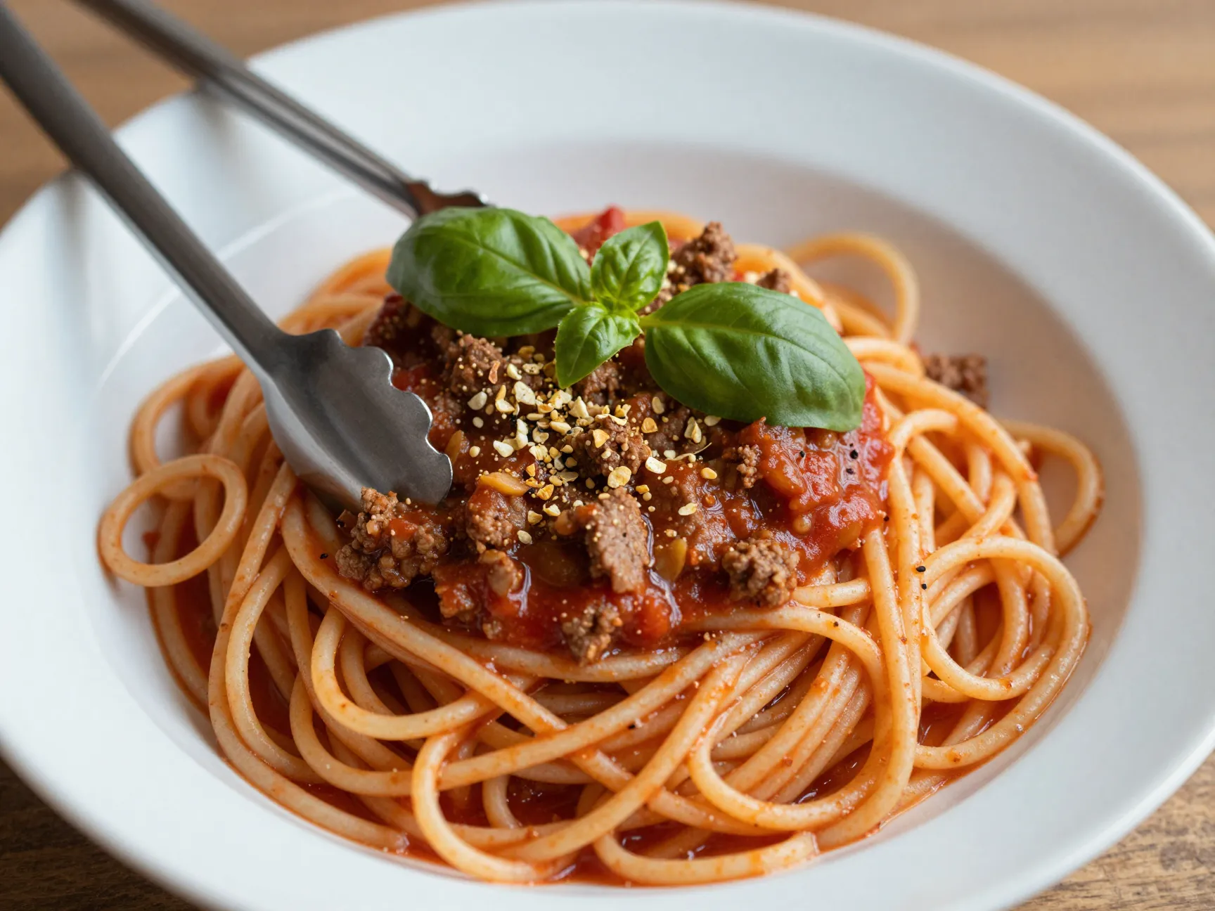 A bowl of spaghetti coated in a quick meat sauce