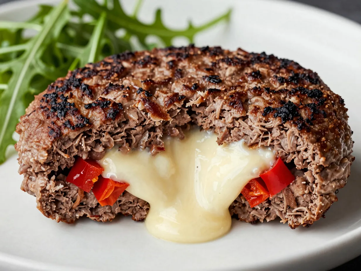 Stuffed lean beef burger with roasted red pepper and goat cheese