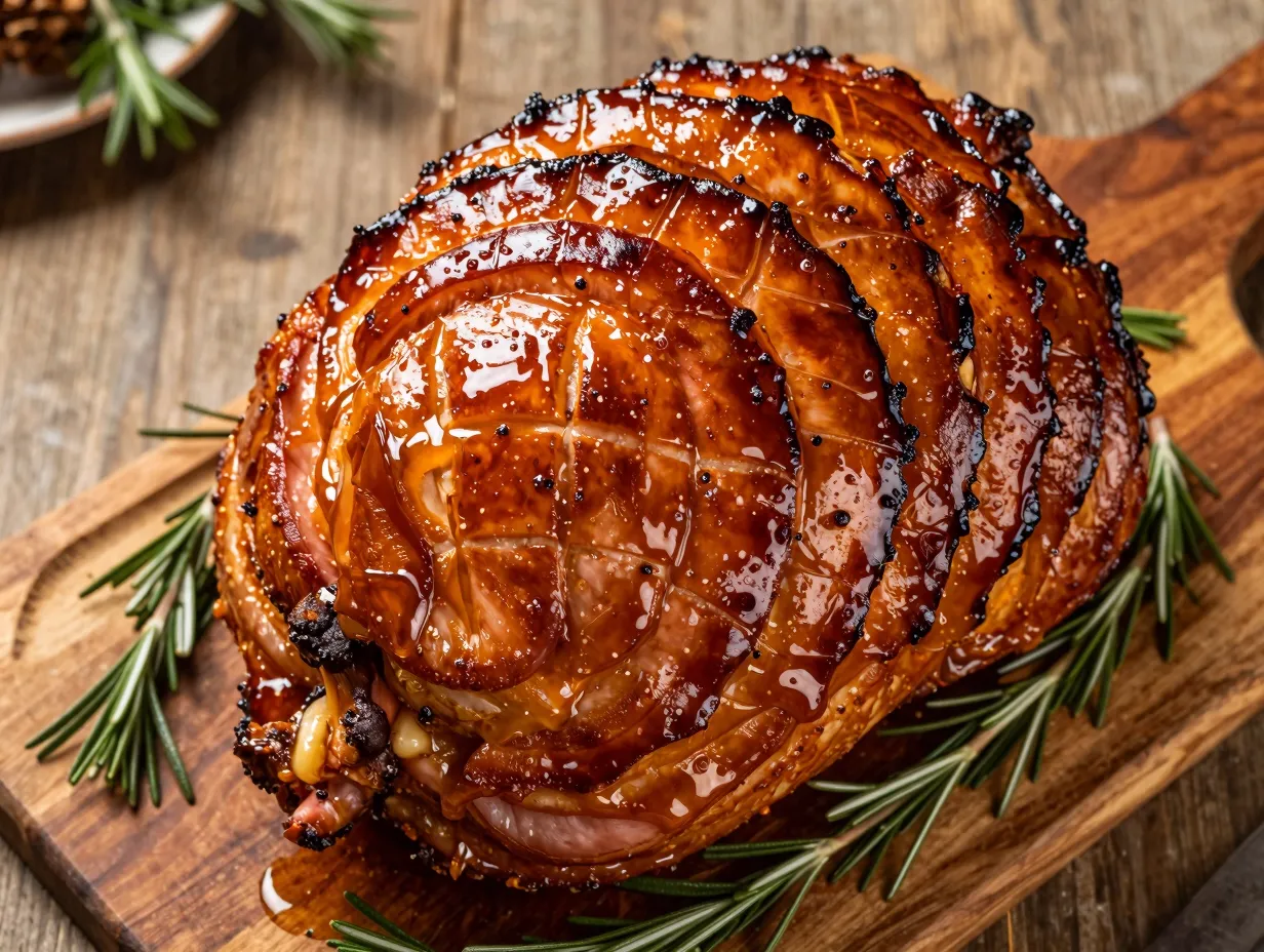 A whole glazed ham with rosemary crust on table