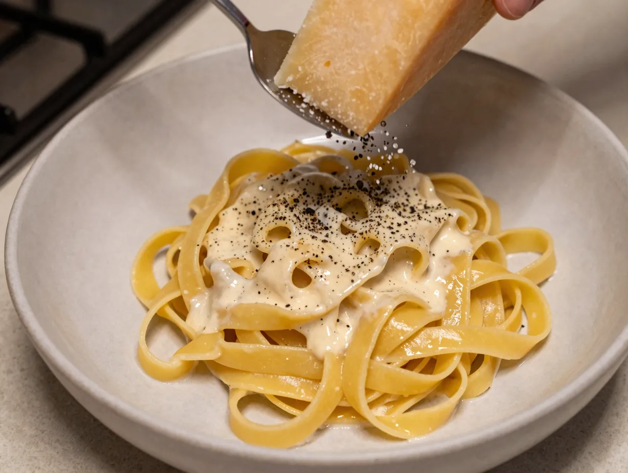 Classic fettuccine alfredo with a parmesan crust finish