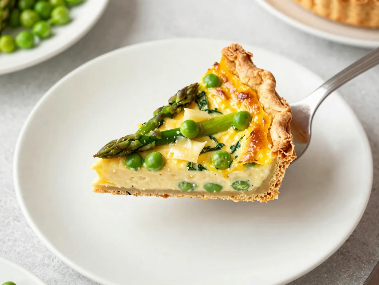 A golden quiche with asparagus and peas slices
