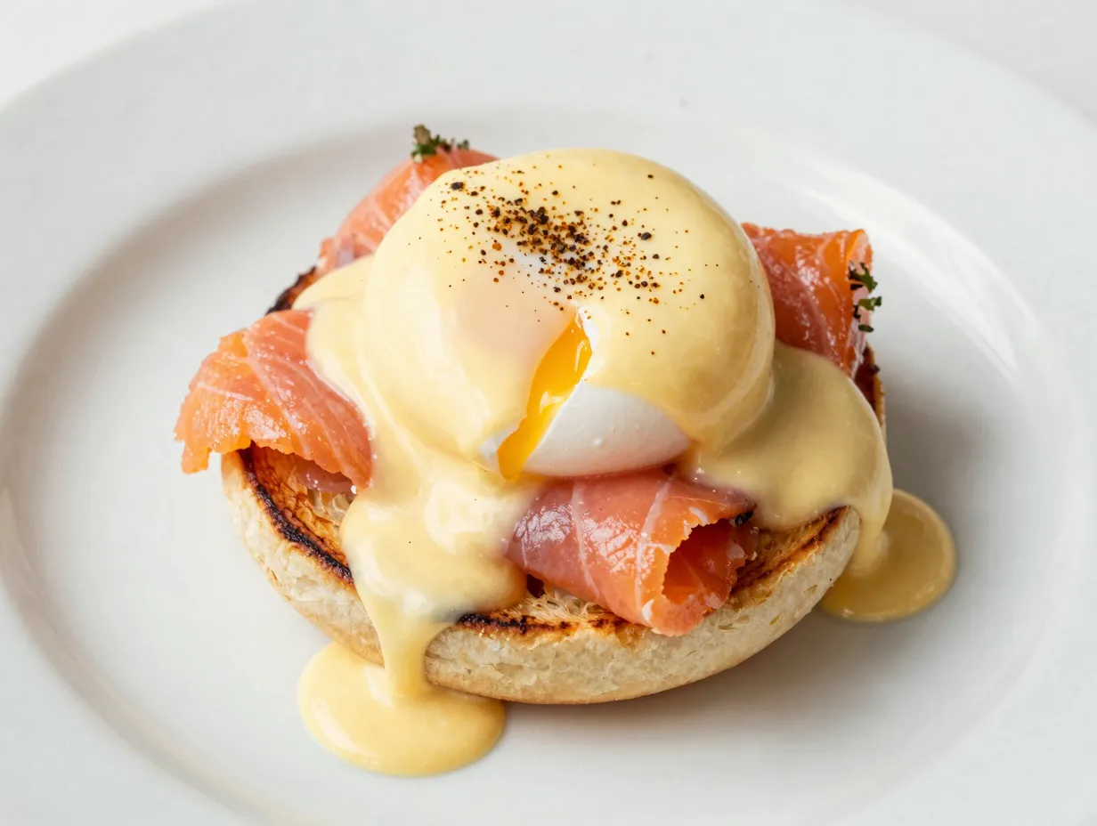 Eggs benedict with salmon and hollandaise sauce close up