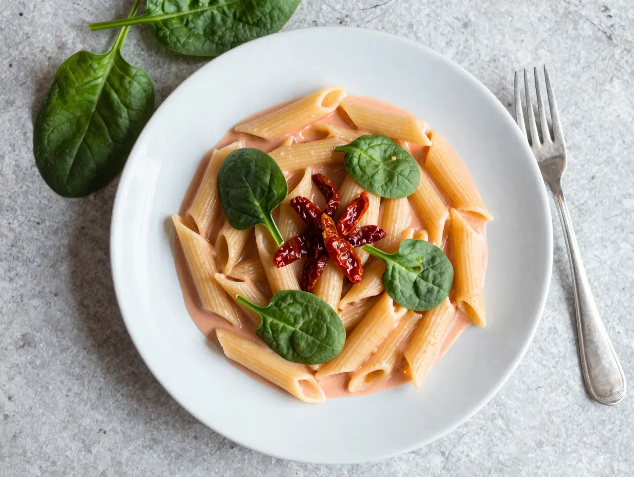 Sun dried tomato and spinach cream pasta