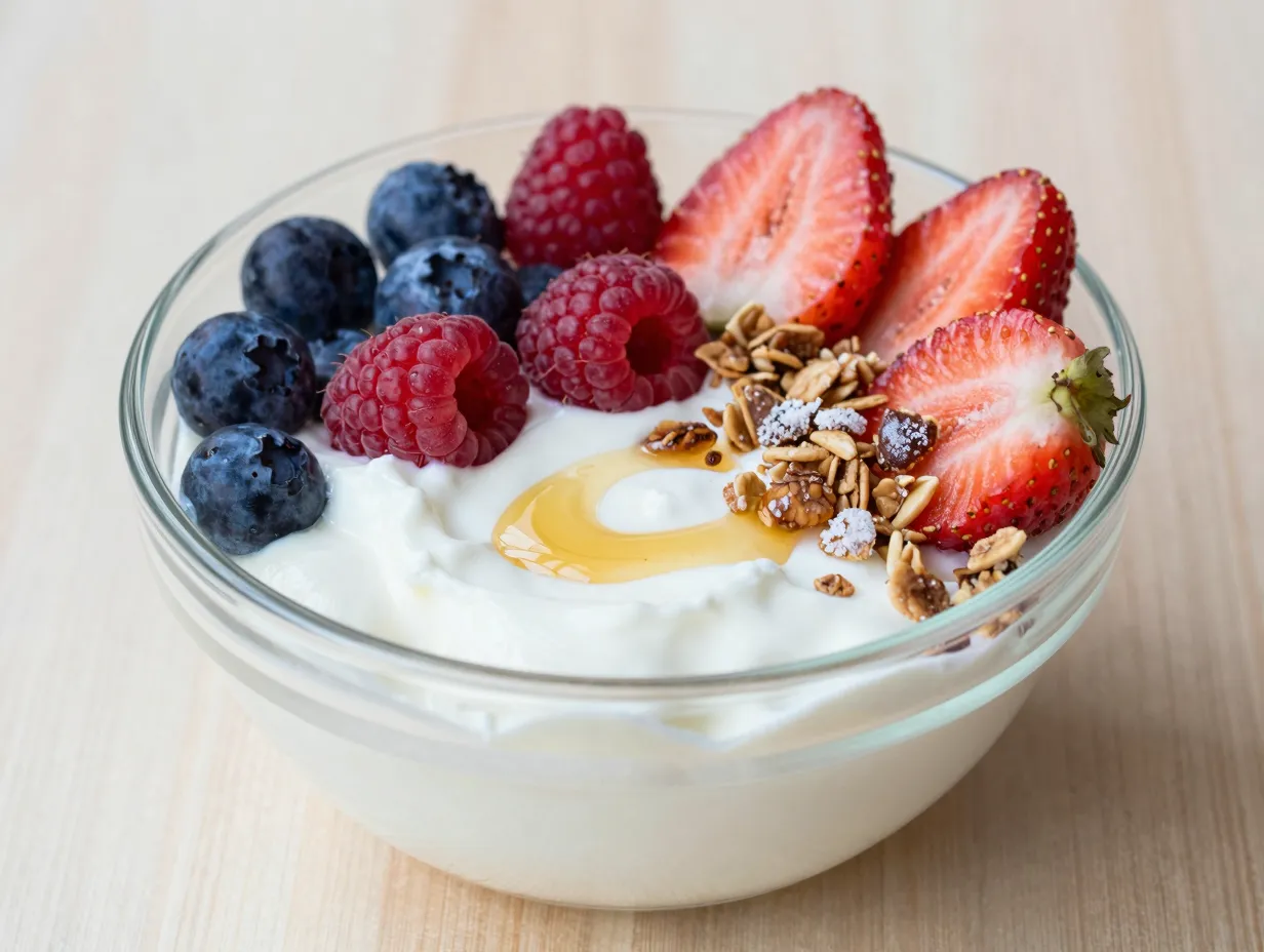 Greek yogurt parfait with fresh berries and honey