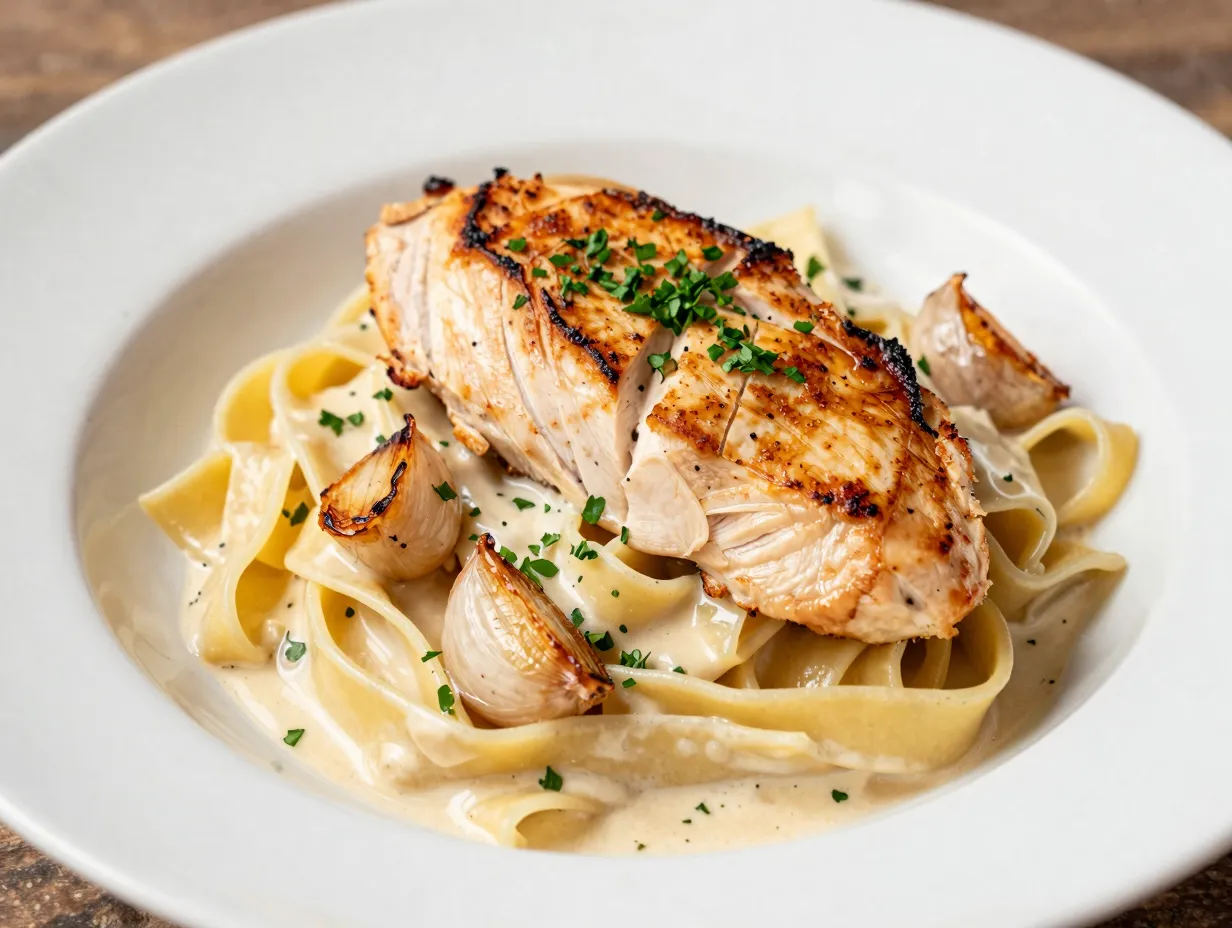 Creamy chicken alfredo with roasted garlic