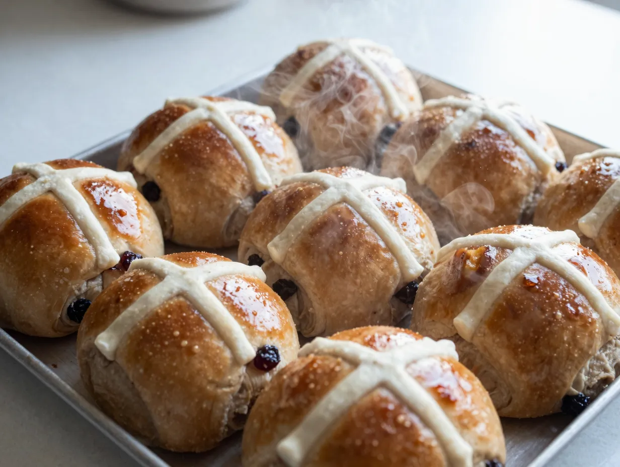 Freshly baked hot cross buns on a baking tray