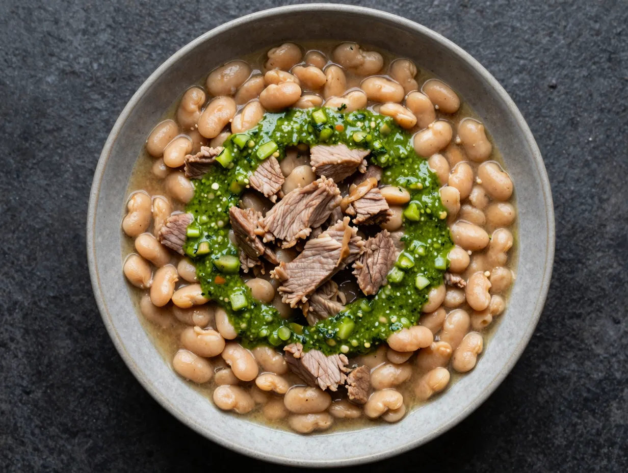 Pork stew with white beans chilis and salsa verde