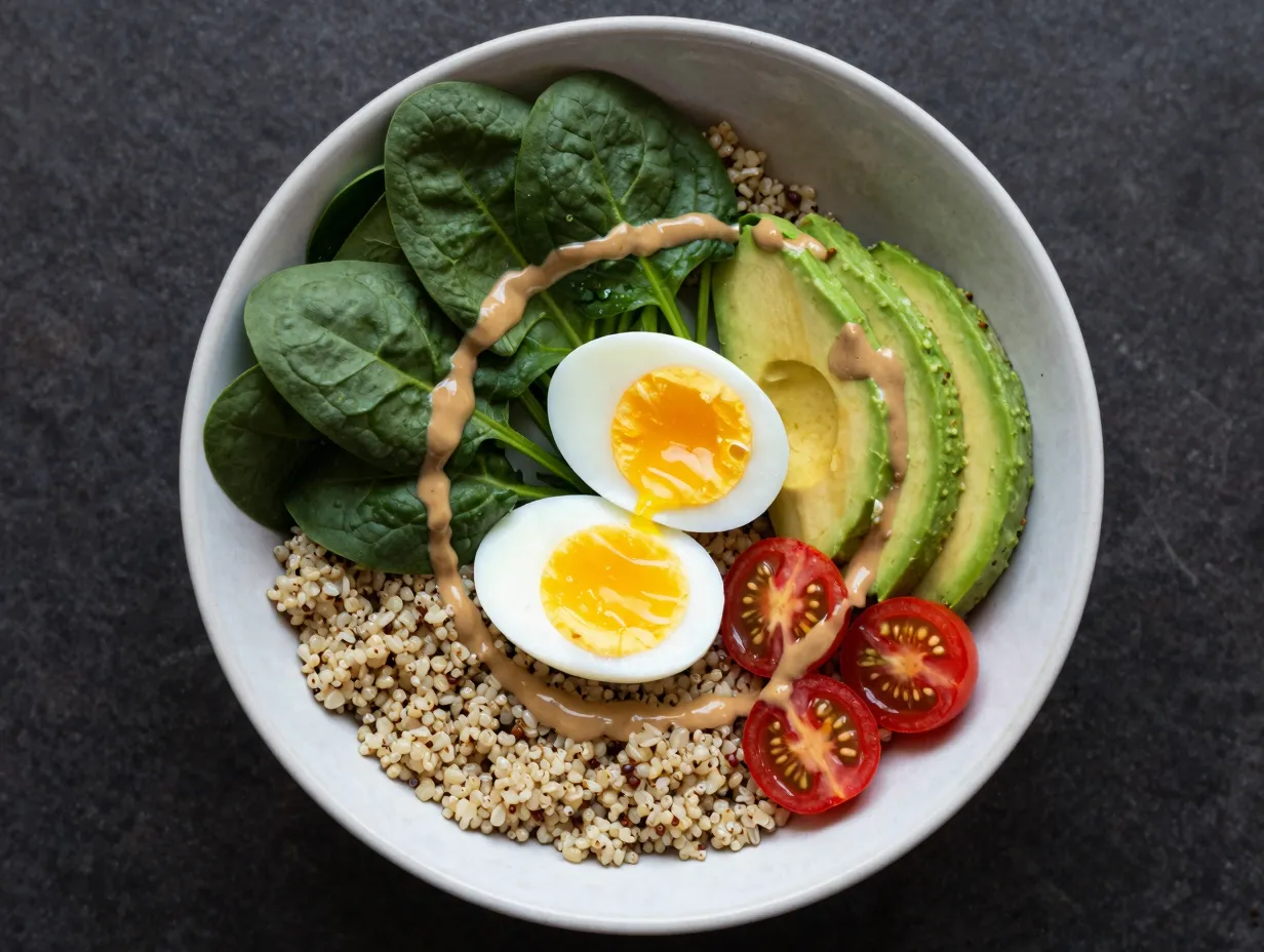 Protein bowl with spinach eggs and quinoa