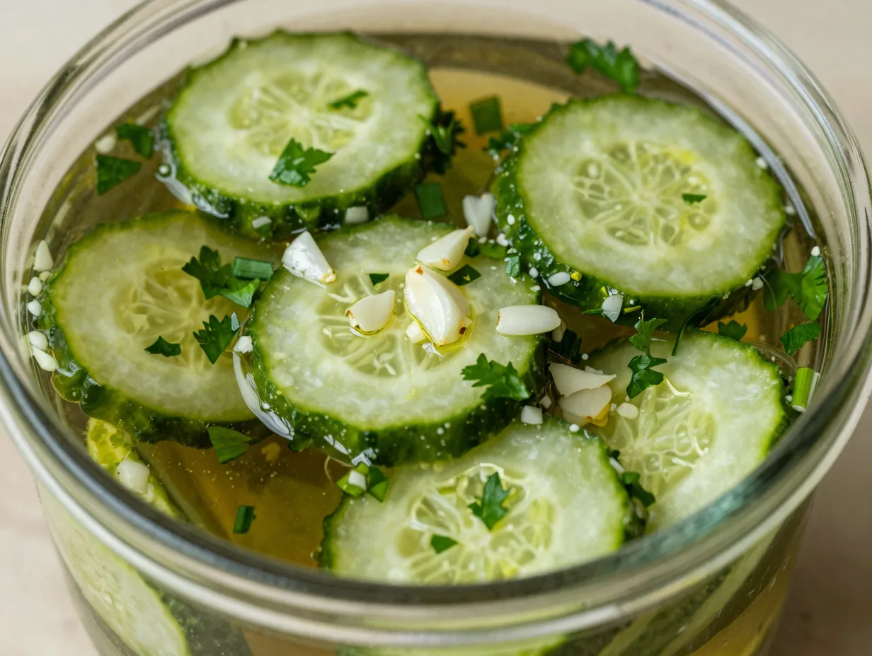 Vinegar marinated cucumbers with garlic and herbs