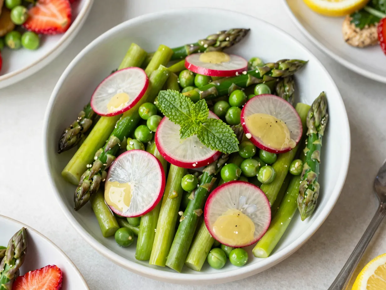 A vibrant green salad with asparagus and peas
