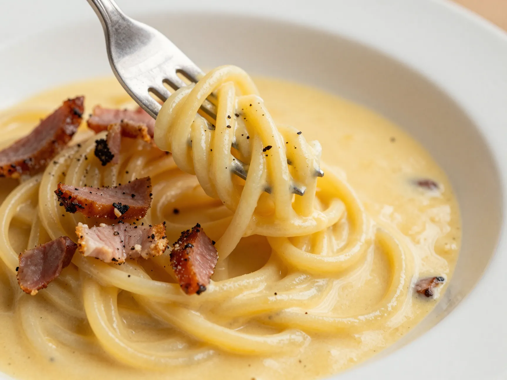 Carbonara style pasta with crispy pancetta