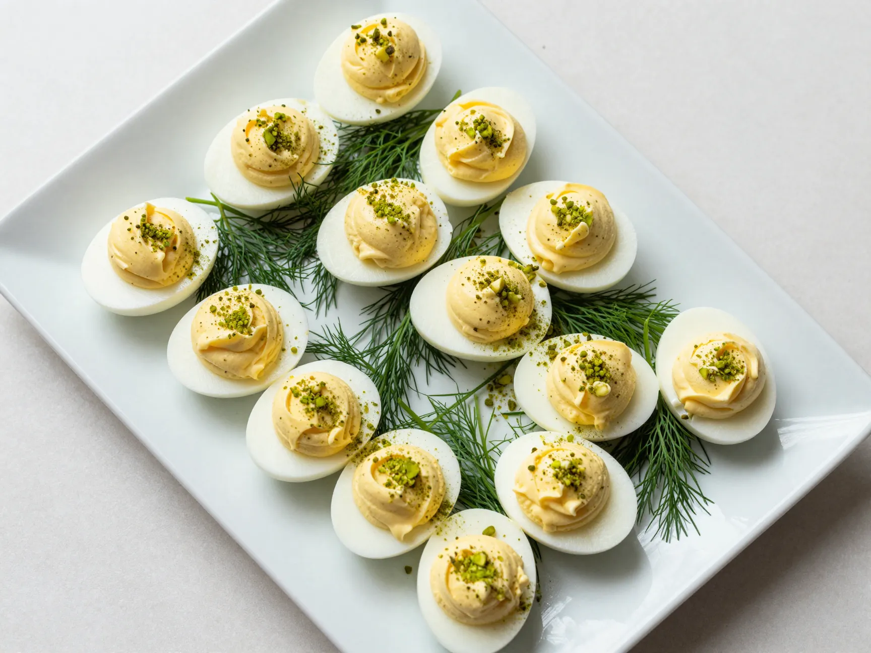 Deviled eggs with green pistachio dust on platter
