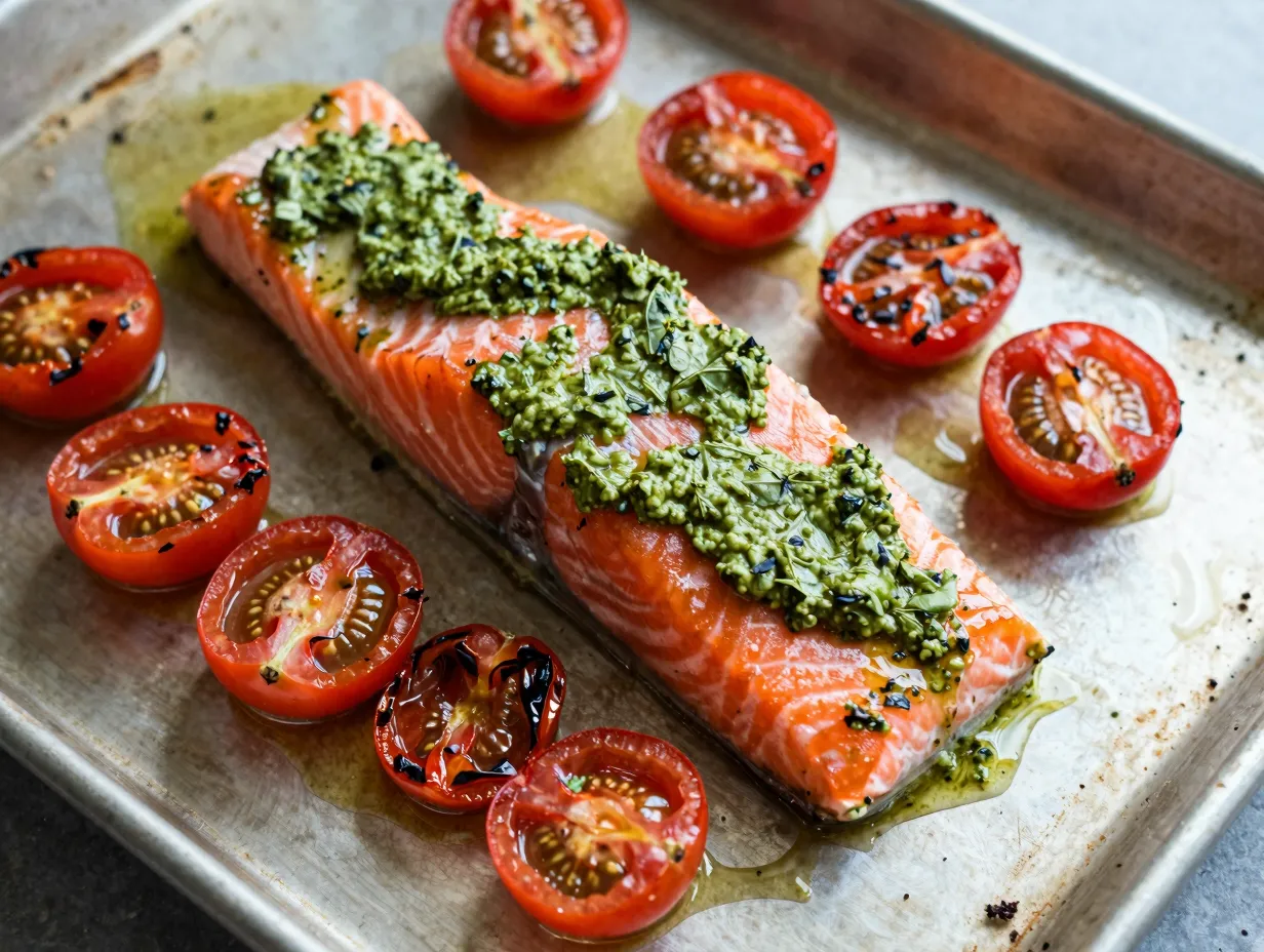 Pesto baked salmon