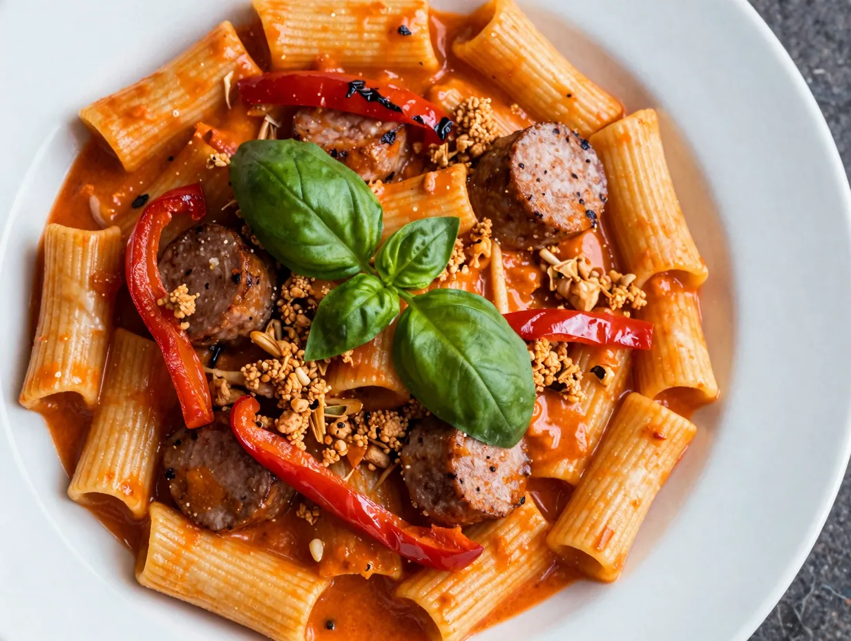 Spicy sausage and roasted red pepper cream pasta