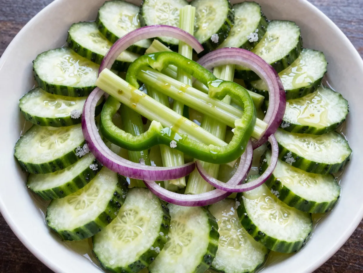 Sweet tangy cucumber salad with bell pepper and celery
