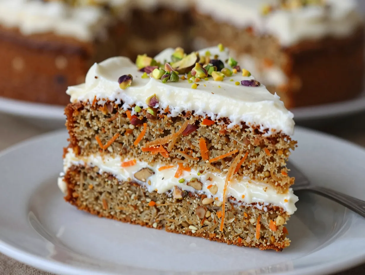 A layered carrot cake with yogurt frosting slice