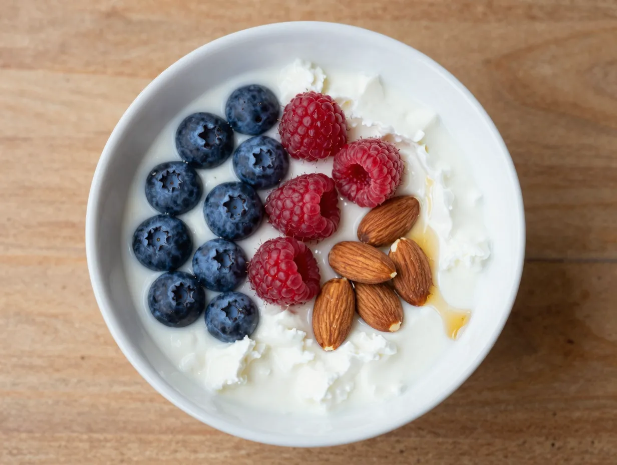 Cottage cheese bowl with berries and almonds