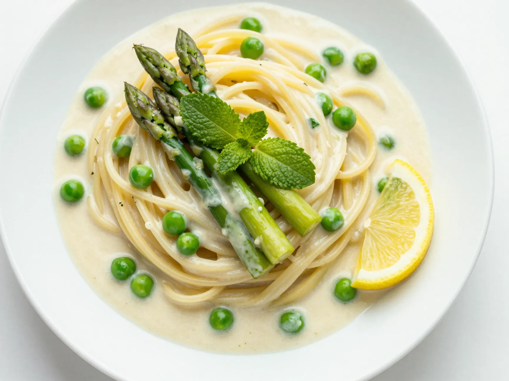 Vegan cashew cream pasta with asparagus and peas