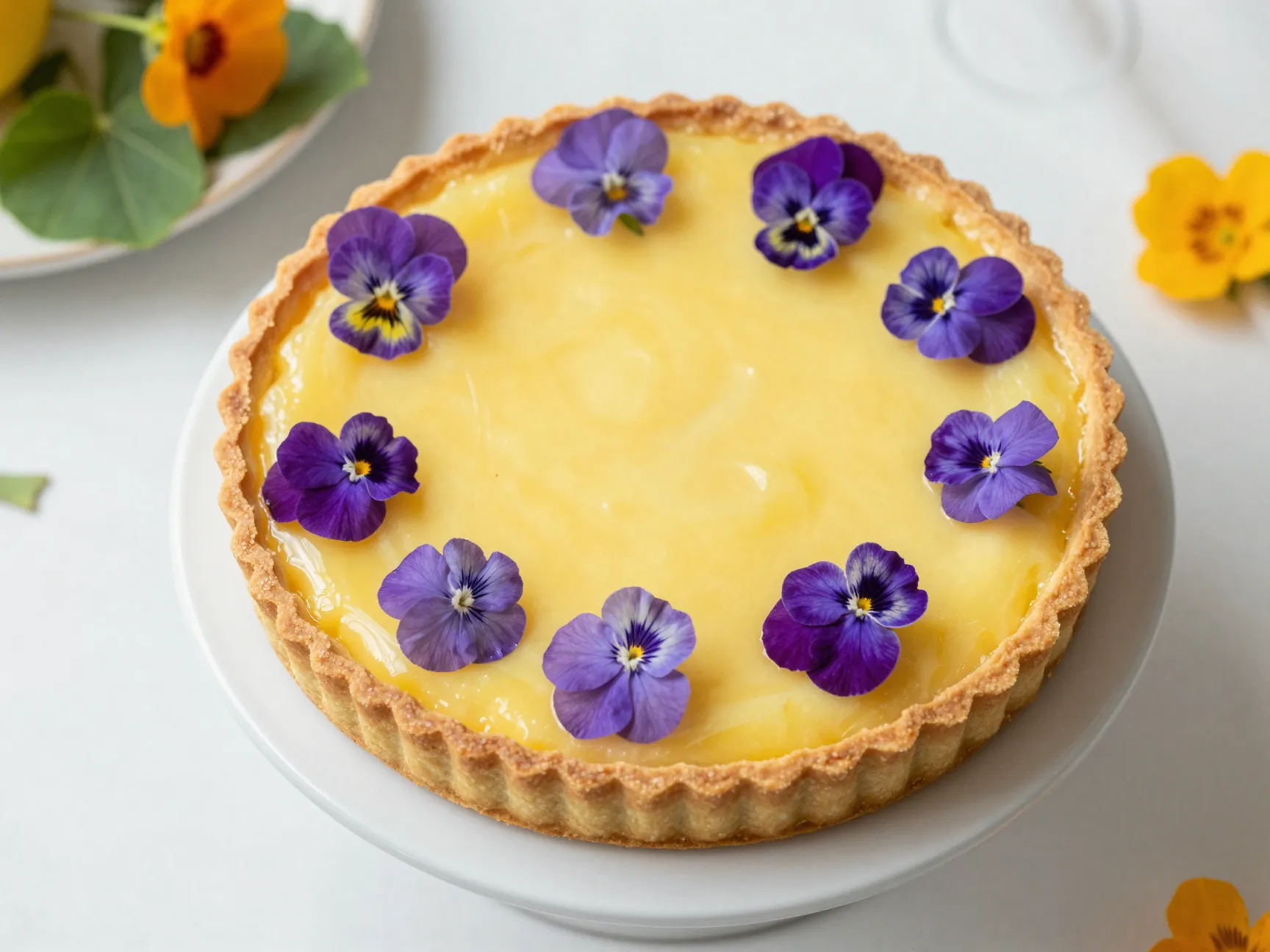A lemon tart decorated with purple edible flowers