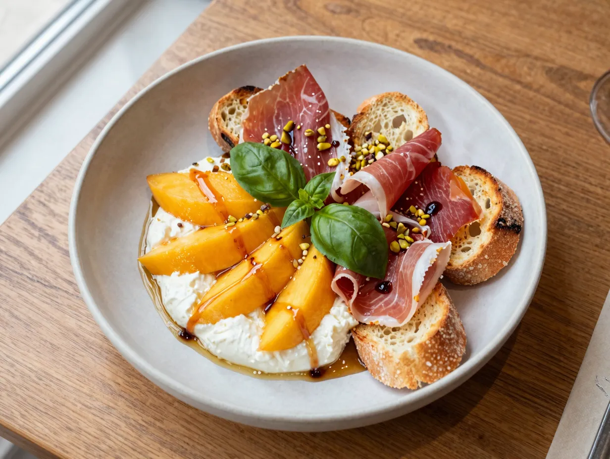 Mango prosciutto burrata dip with hot honey