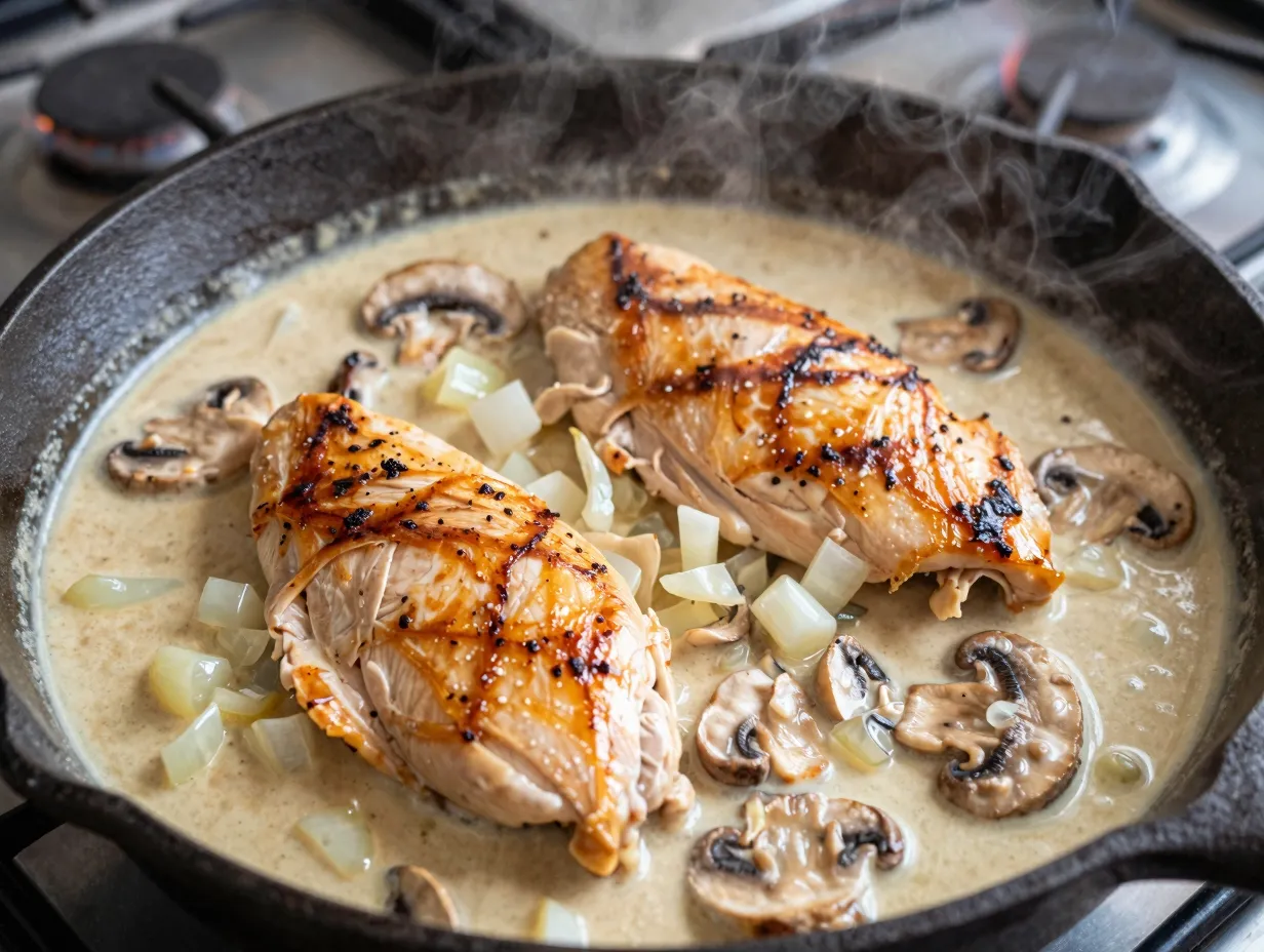 Creamy chicken mushroom skillet simmers on the stovetop