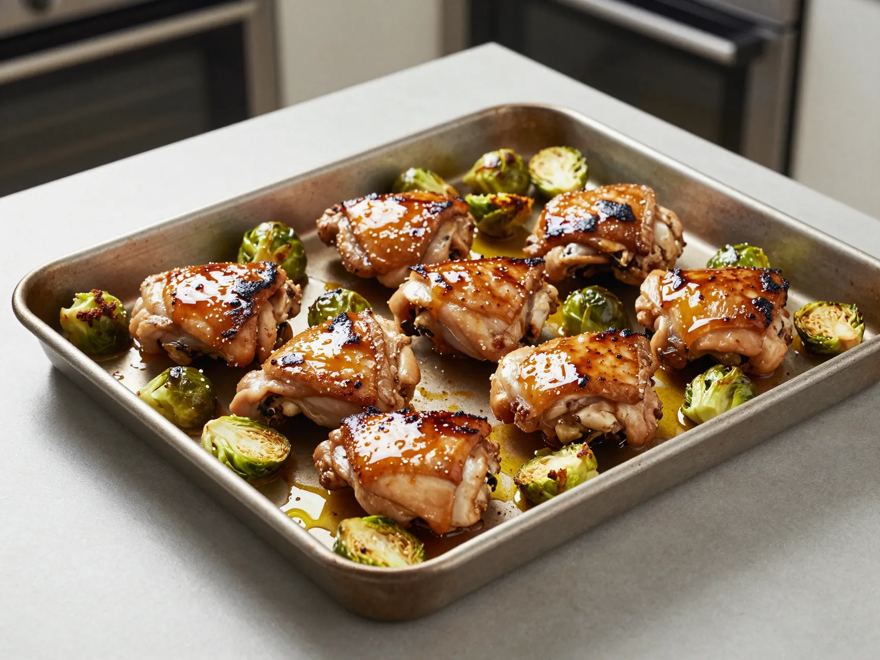 Honey mustard glazed chicken thighs roast with brussels sprouts
