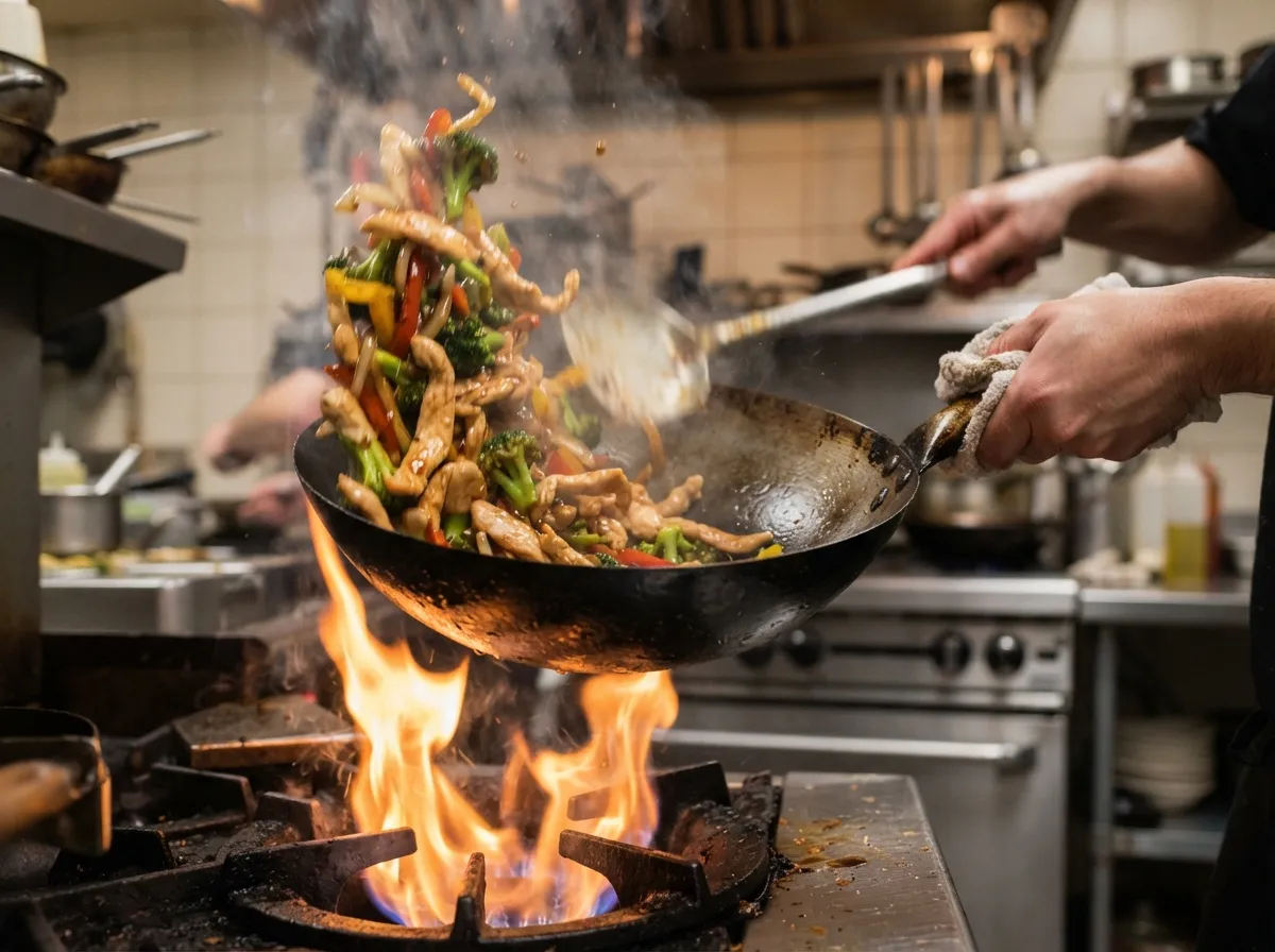 Chicken and broccoli stir fry sizzles in a hot wok