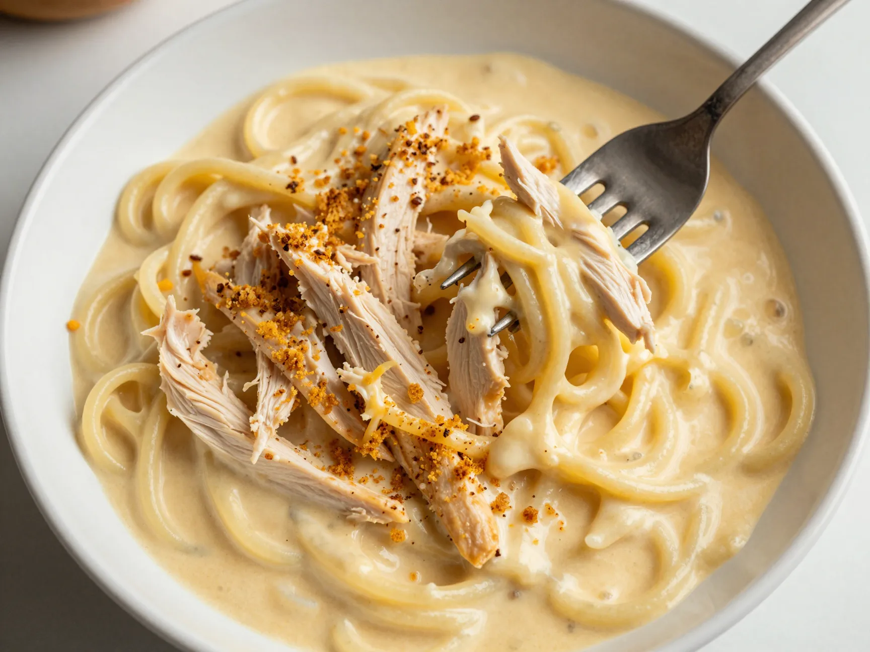 Creamy crockpot chicken spaghetti