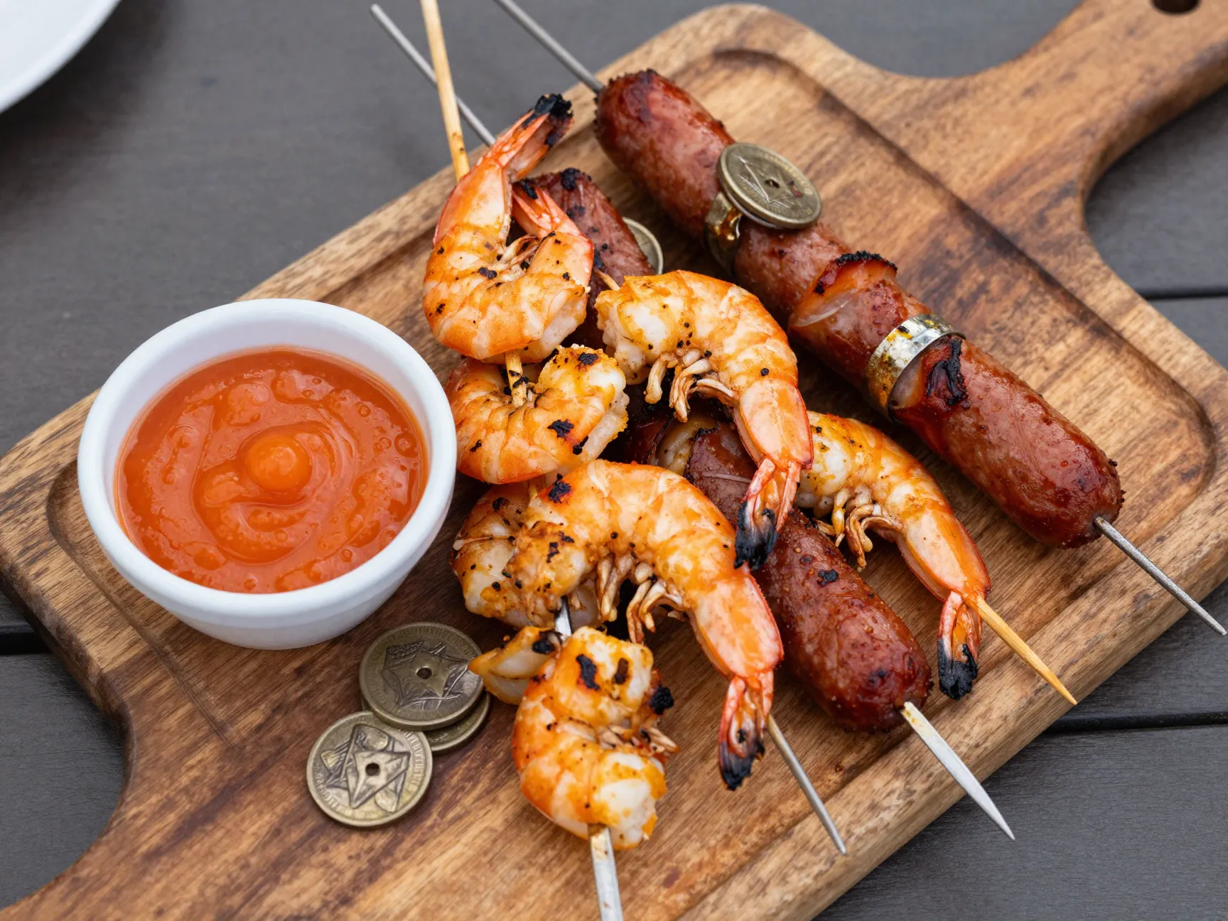 Grilled shrimp and chorizo skewers with roasted pepper sauce