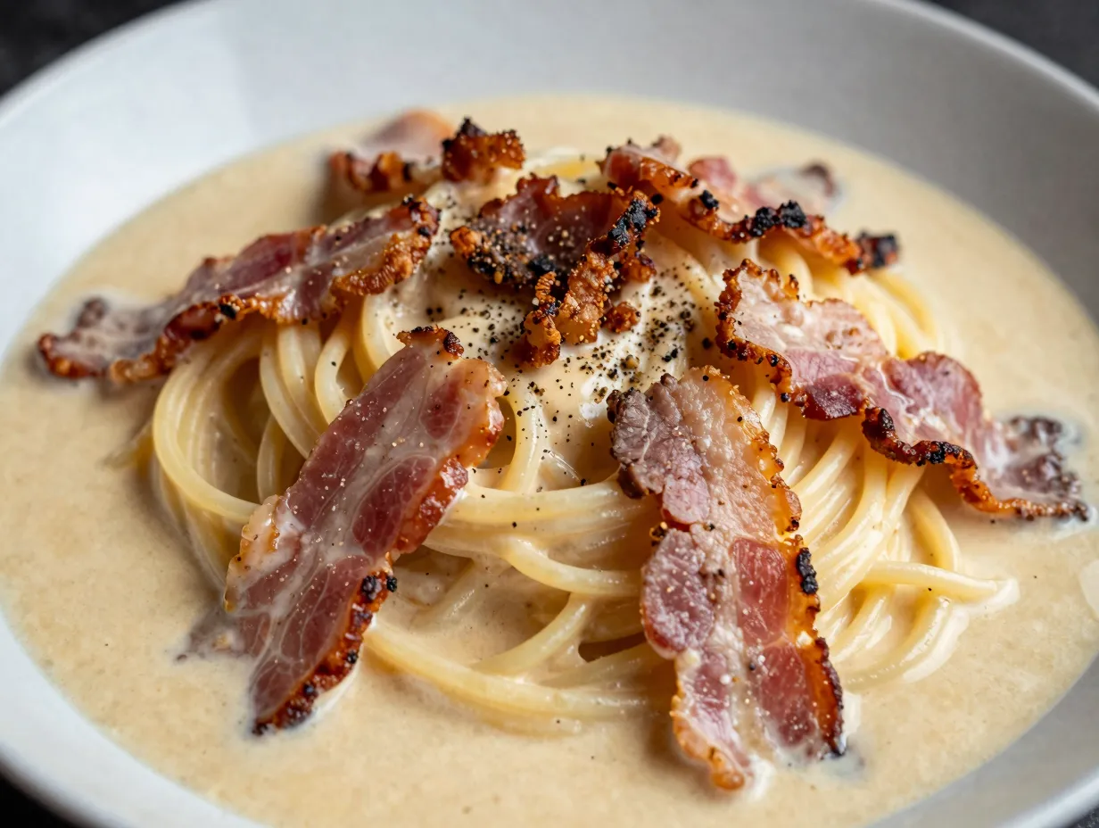 Crockpot spaghetti carbonara with beef or turkey bacon