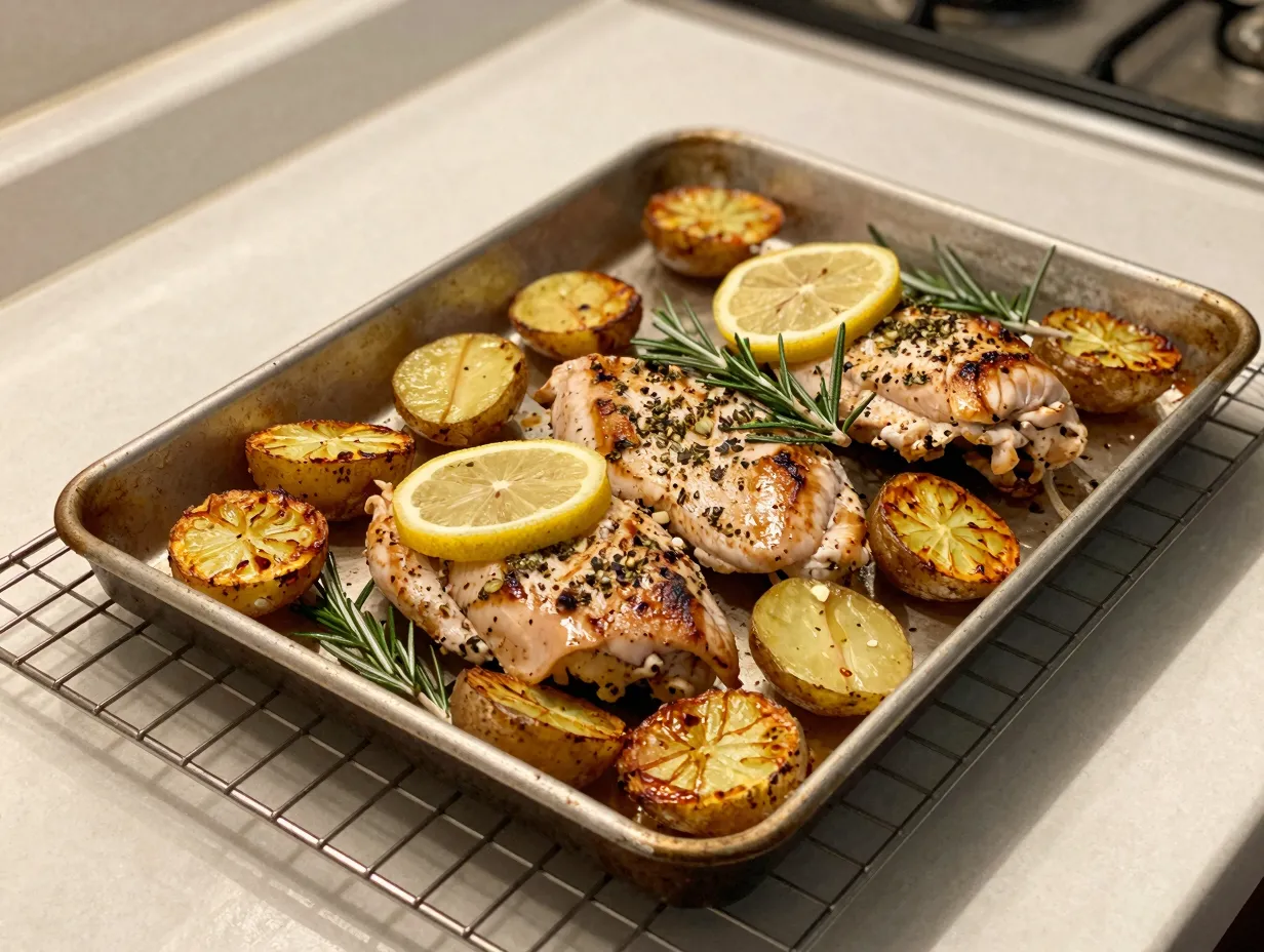Lemon herb chicken roasts alongside crispy golden potatoes