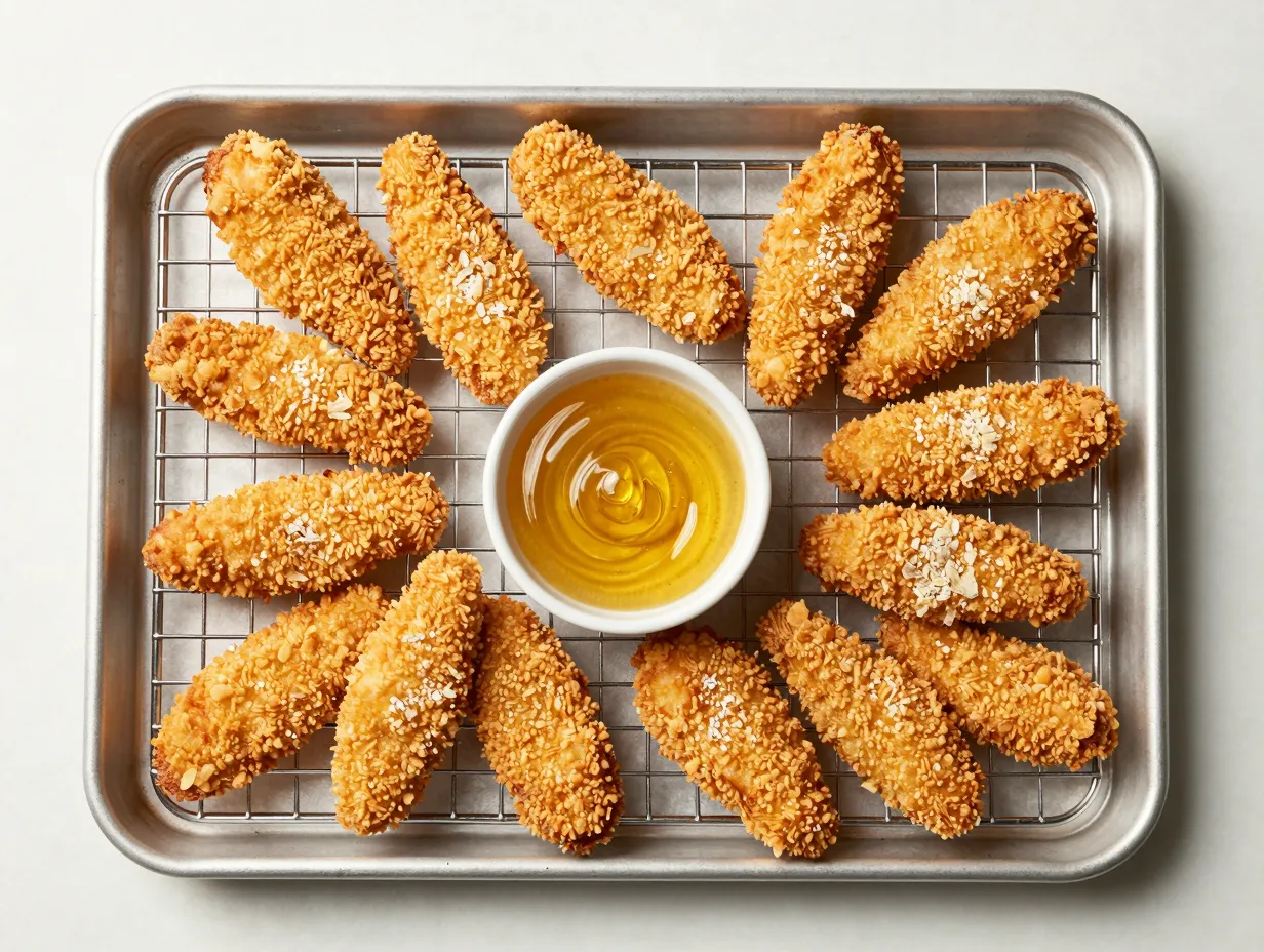 Crispy baked chicken tenders rest on a wire rack