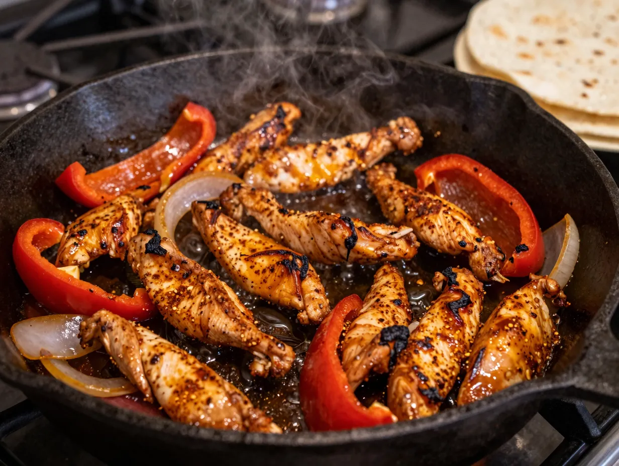 Chicken fajita strips cook with peppers and onions