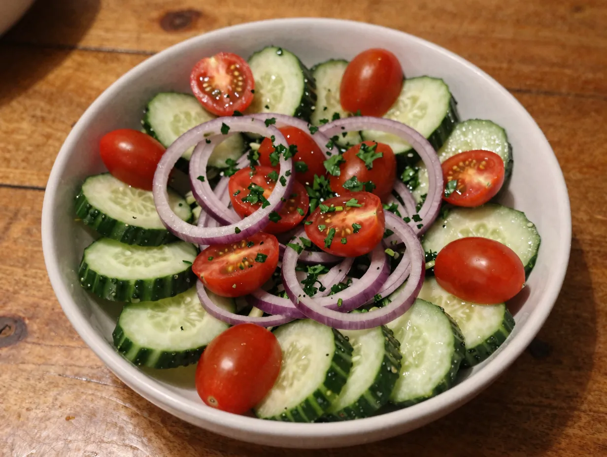 Cucumber tomato onion salad with herb vinaigrette