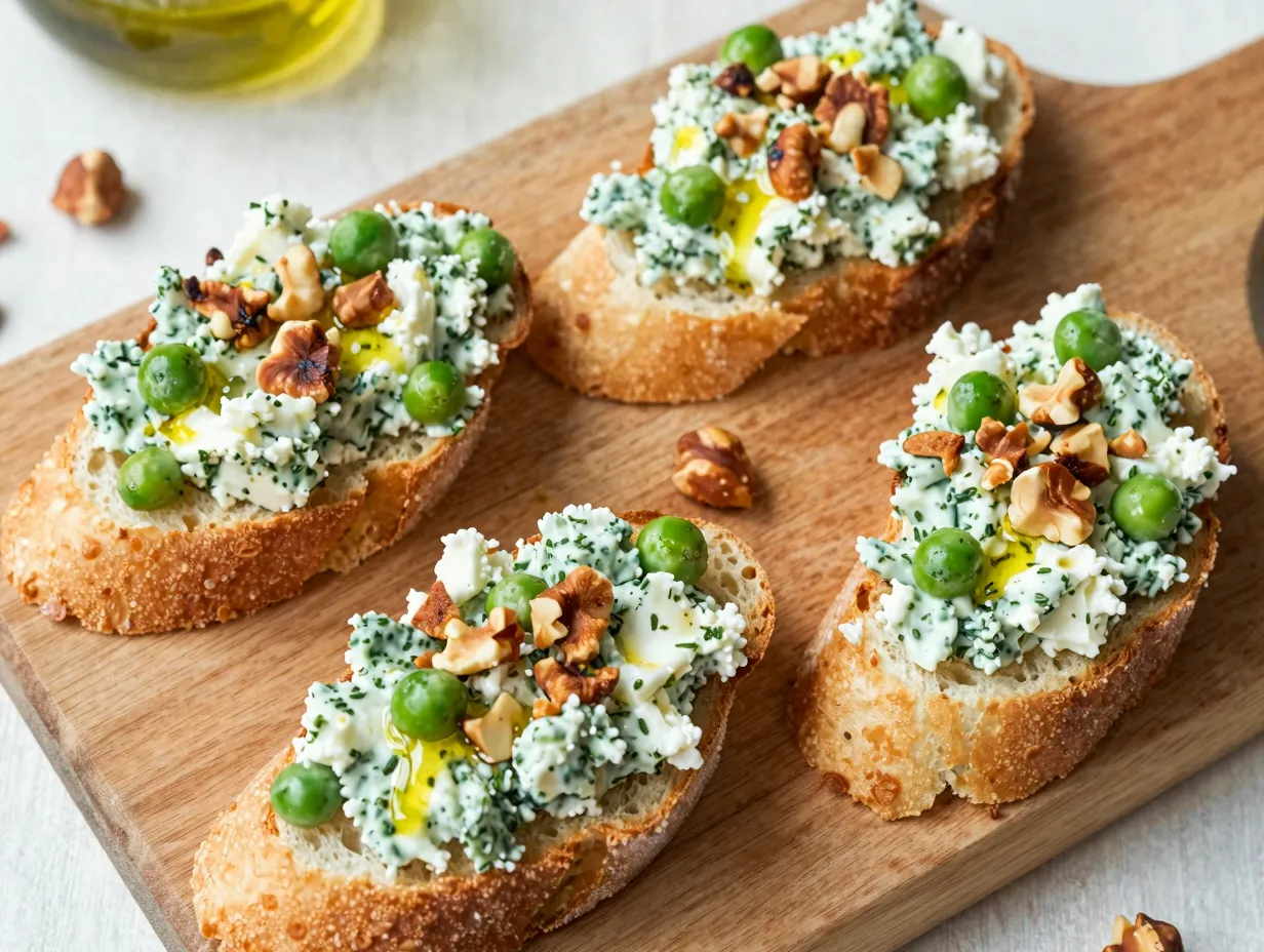 Pea ricotta crostini with hazelnuts