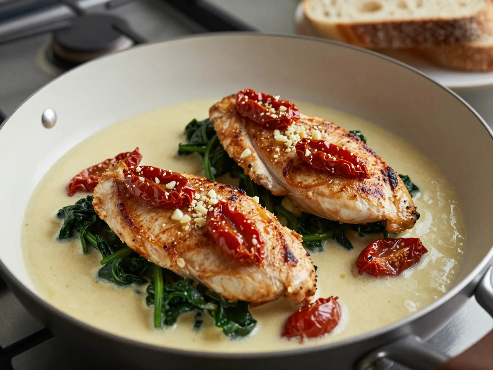 Tuscan chicken simmers in creamy sun dried tomato sauce
