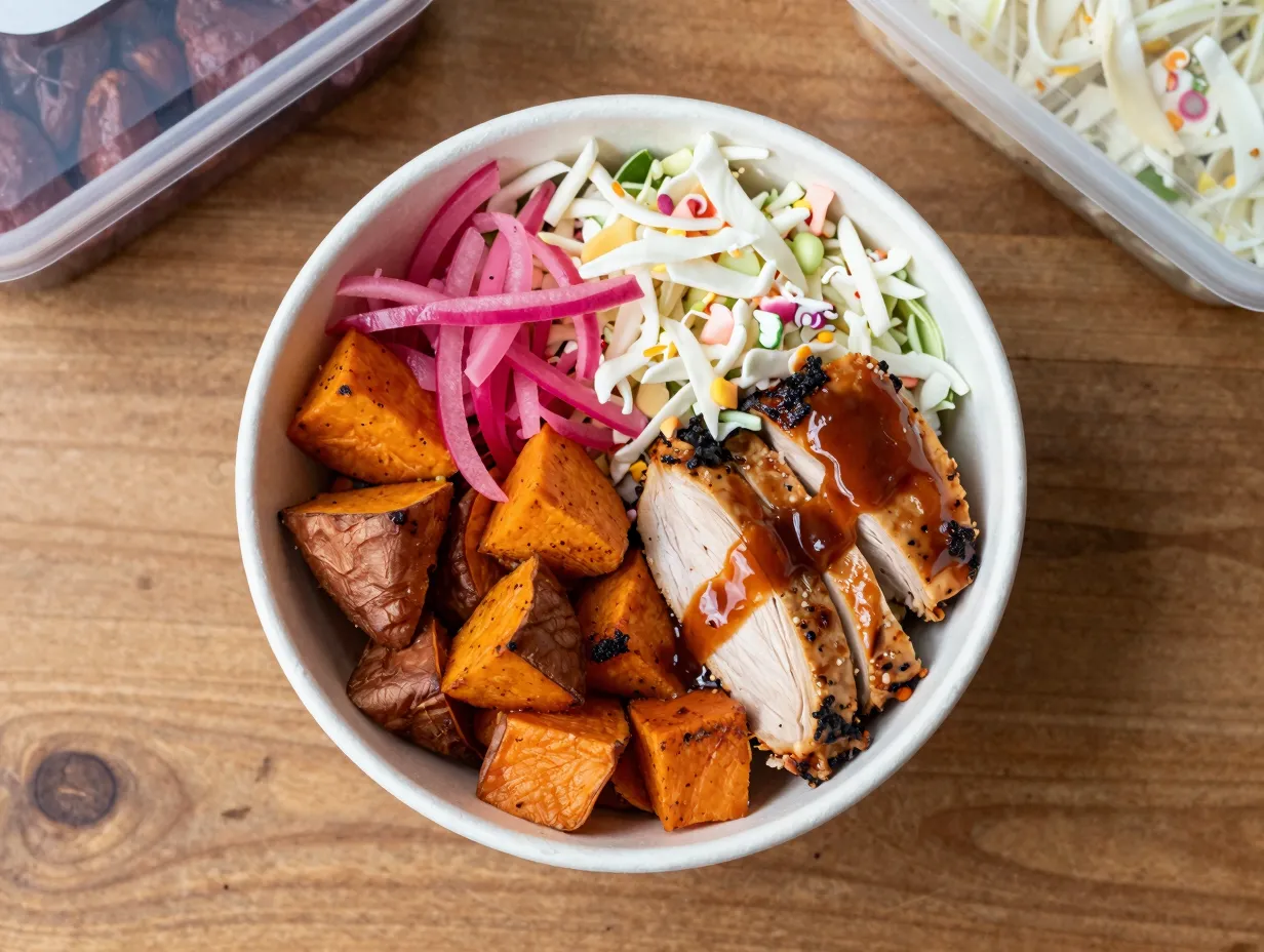 Bbq chicken and roasted sweet potato bowl assembly