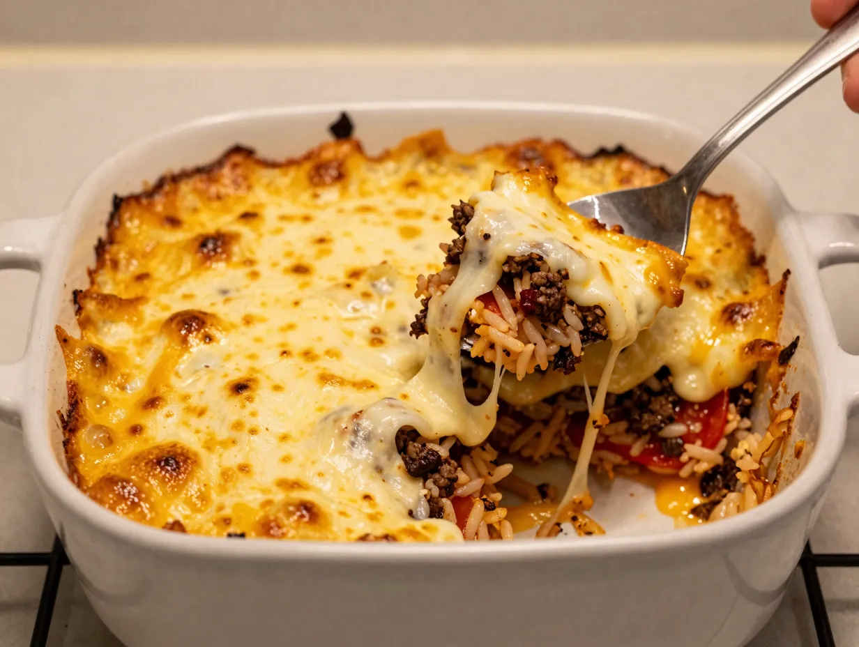 Cheesy beef and rice casserole