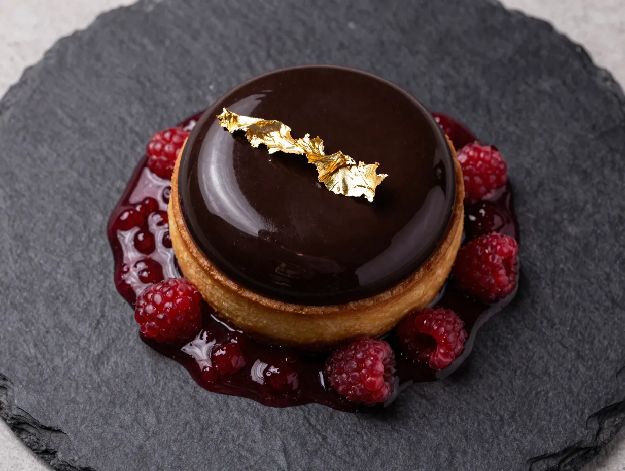 1 valrhona chocolate delice with raspberry coulis and gold leaf