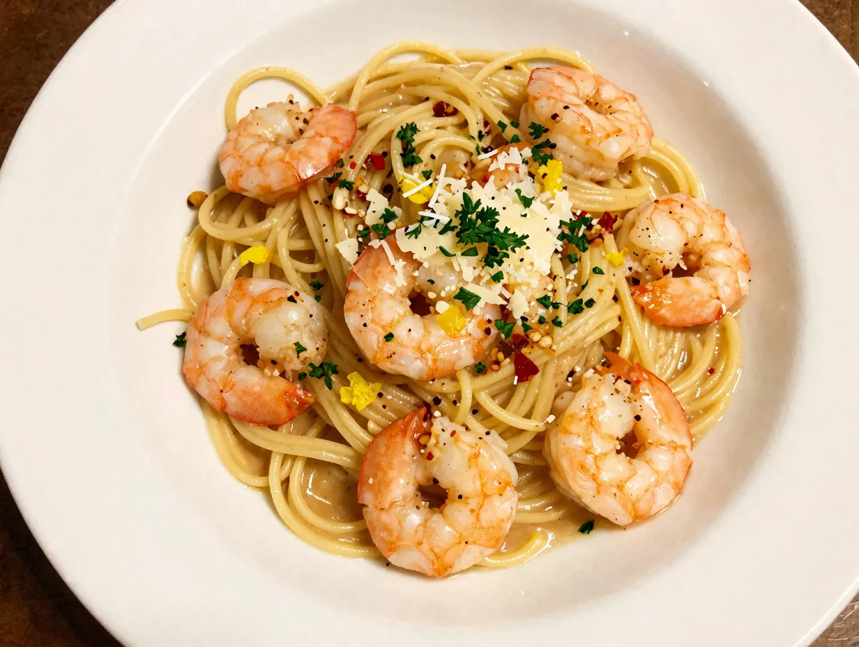 Golden shrimp pasta with garlic and lemon on table