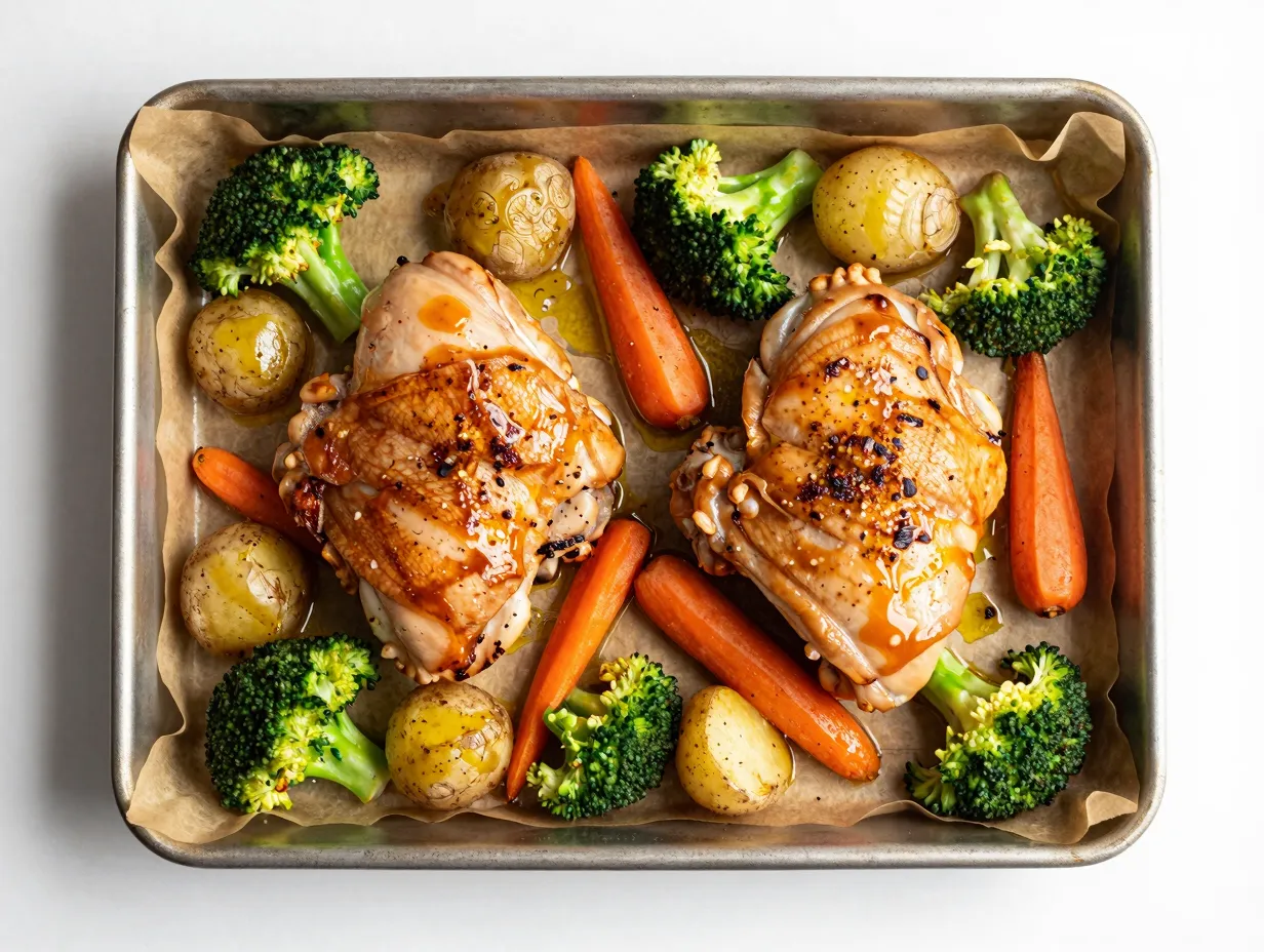 Roasted chicken and vegetables on a single sheet pan