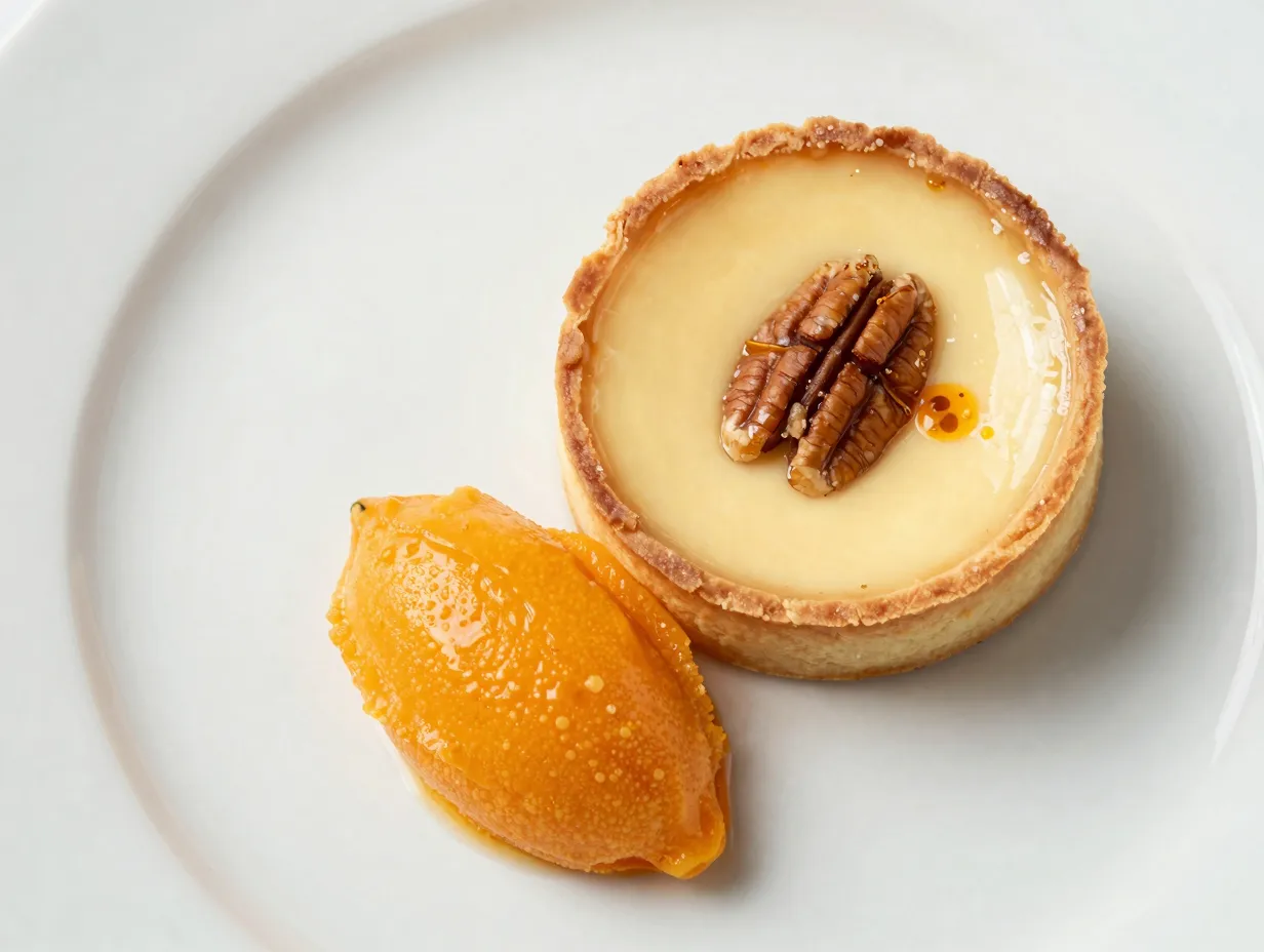 3 pecan creme brulee tart with tangerine sorbet