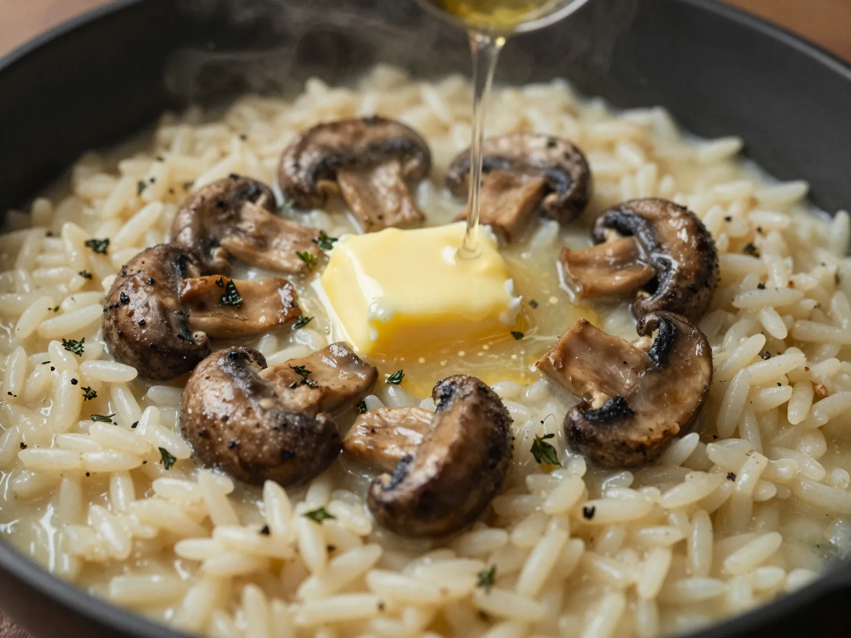 Creamy mushroom risotto in a shallow wide pan