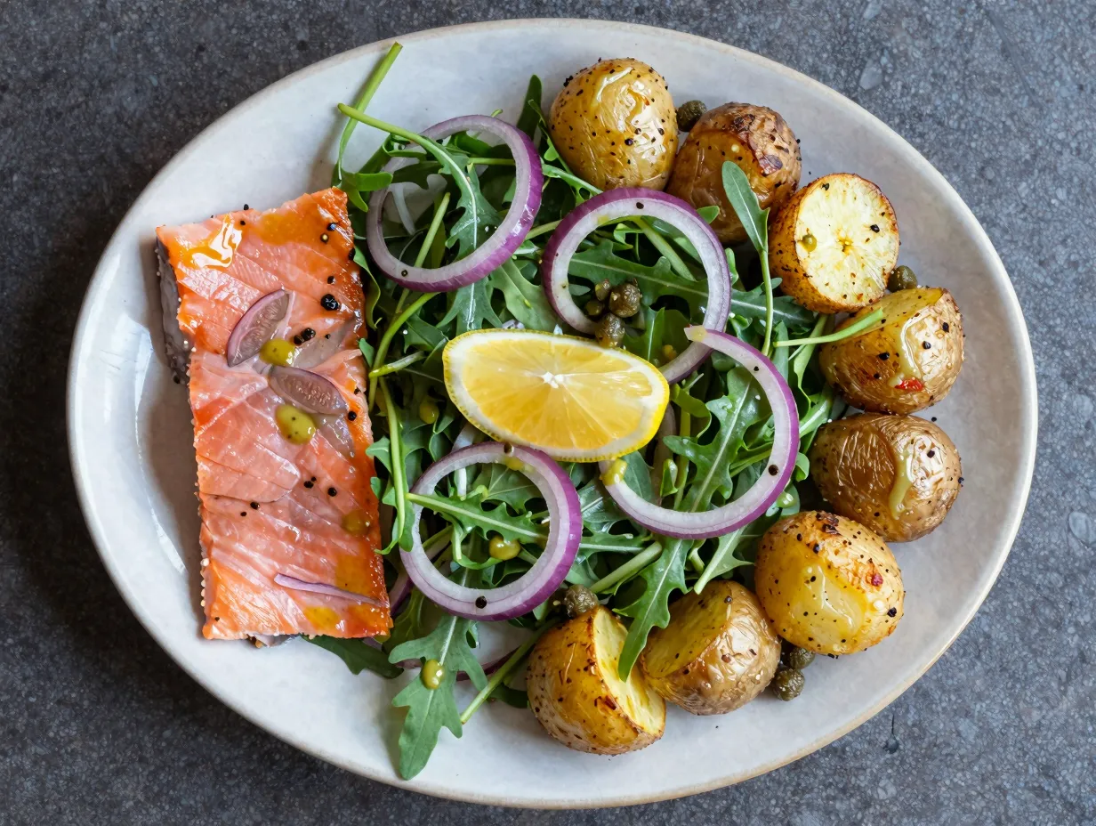 Sheet pan salmon and potato salad