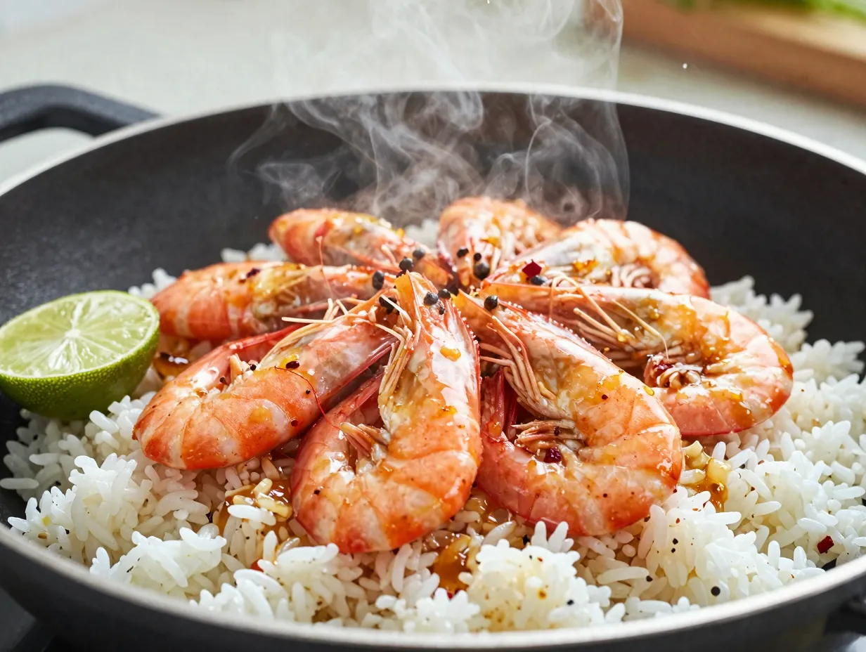 Glossy honey garlic shrimp stir fry in a wok