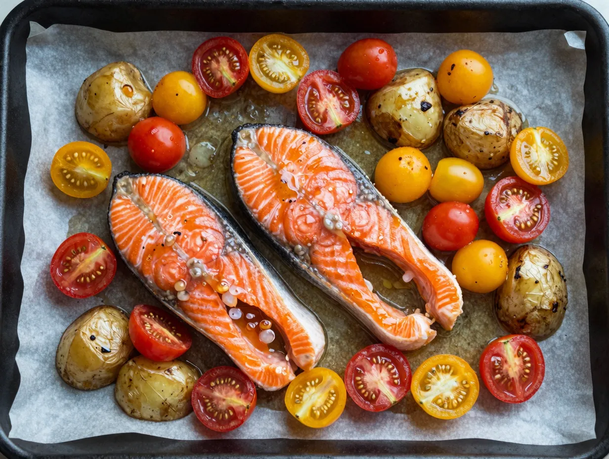 Sheet pan salmon with potatoes and tomatoes