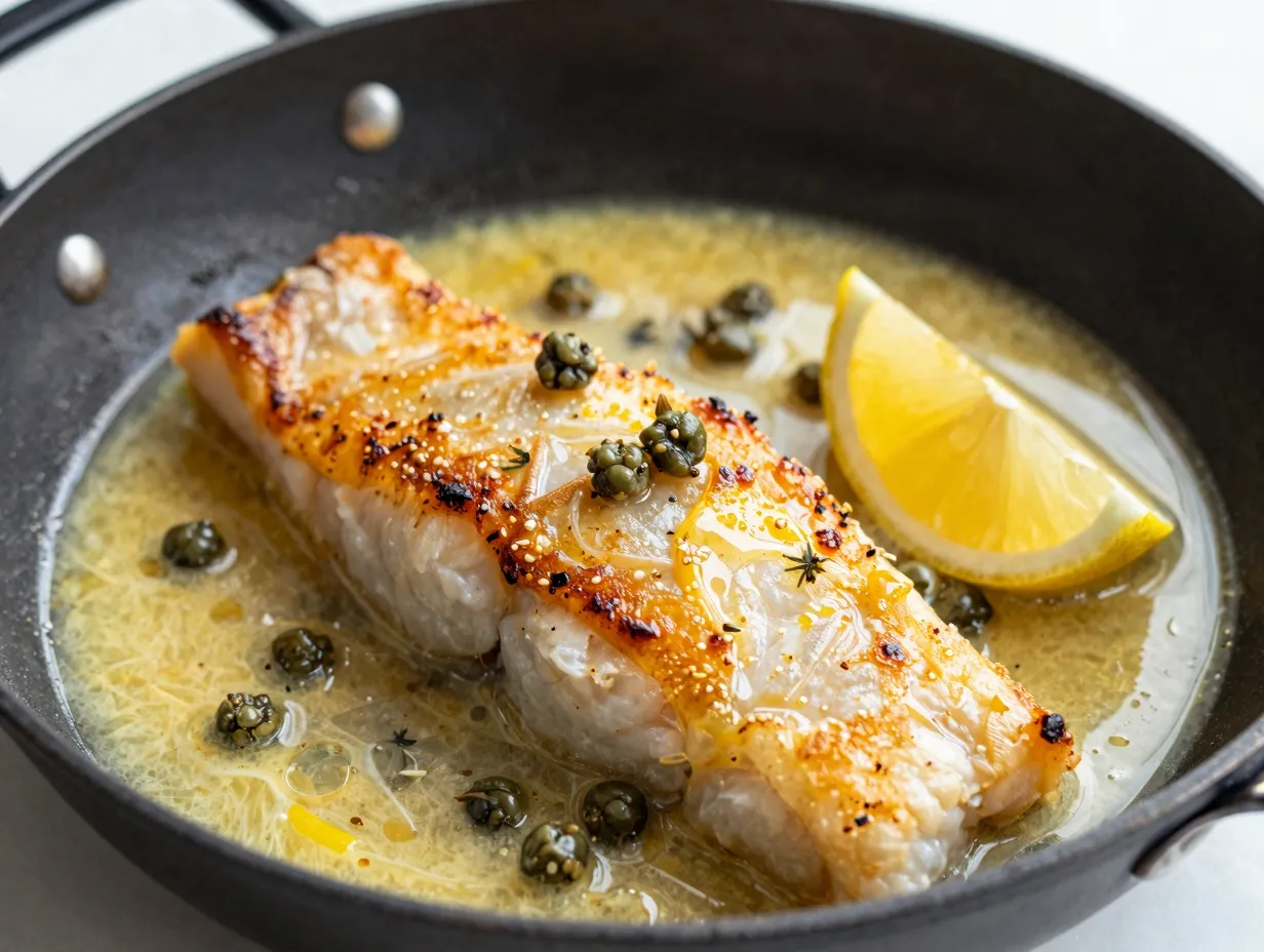 Skillet seared cod with lemon and capers sauce