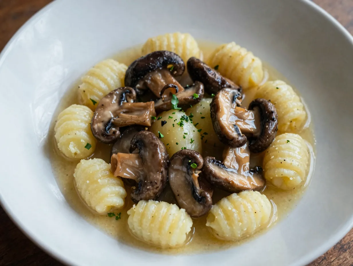 Herbed gnocchi with mushrooms in white wine sauce